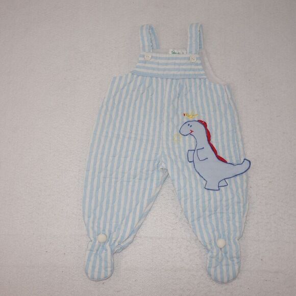Vintage Tiny Tots Original Blue Stripe Dinosaur Made In USA Overalls 6-9 Months - Picture 1 of 6